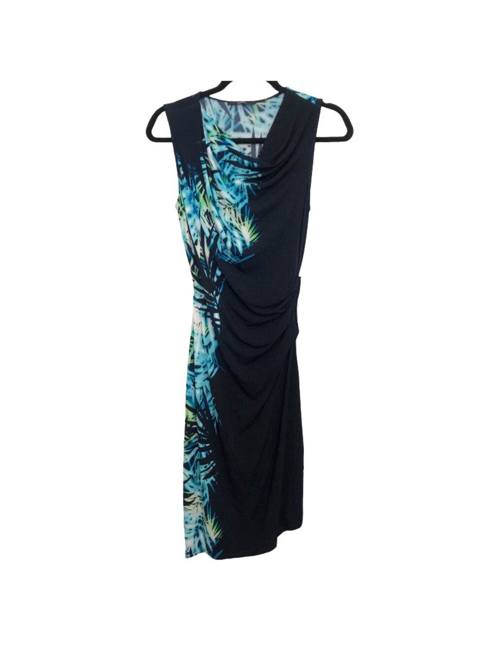 Tahari Navy Tropical Print Blue Sleeveless Draped Dress